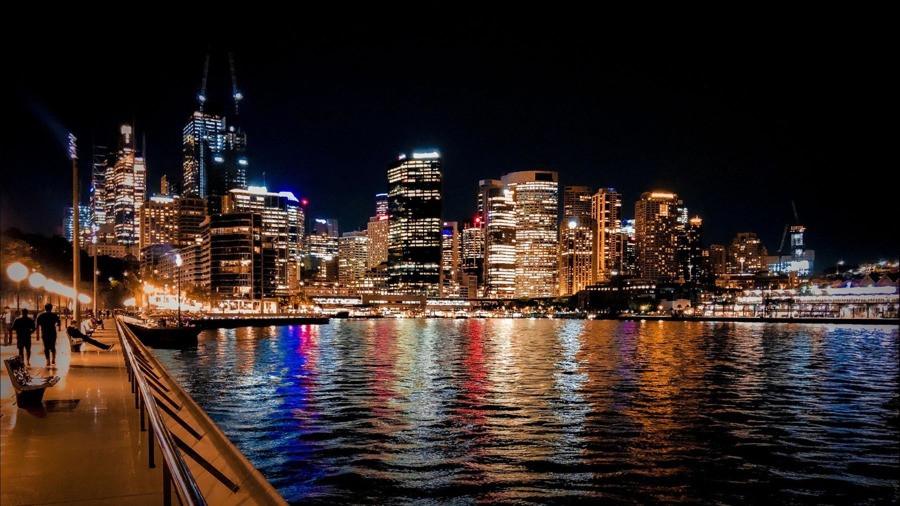 Sydney CBD skyline at night from the harbour promenade