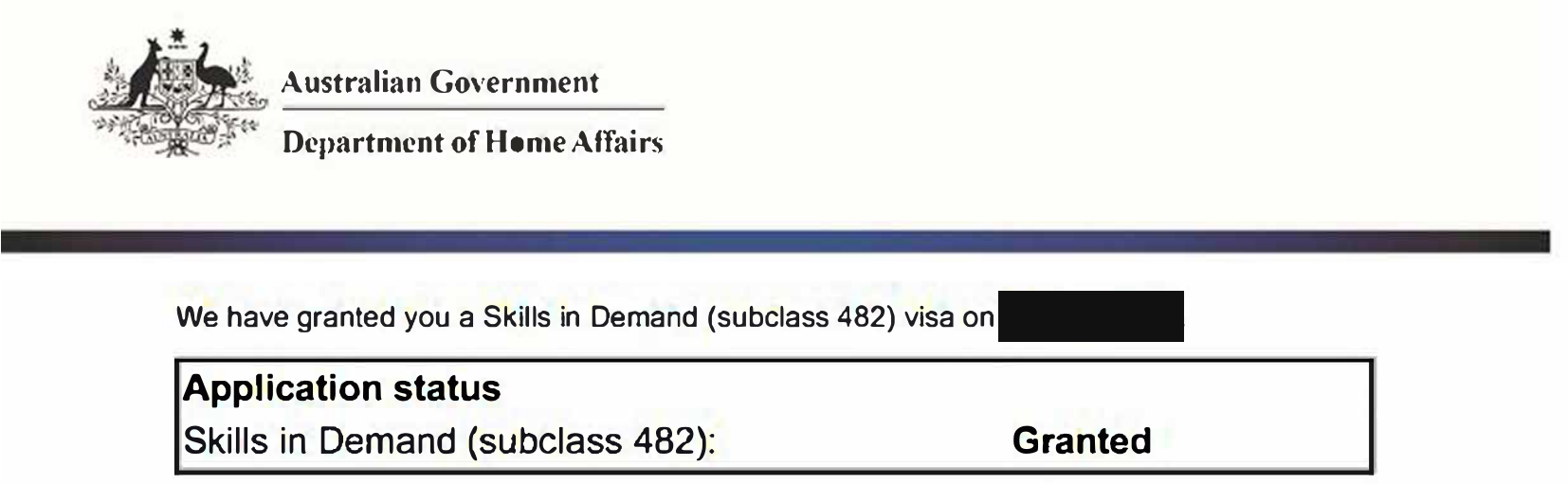 Department of Home Affairs notice confirming a Skills in Demand (subclass 482) visa was granted, with identifying details removed.