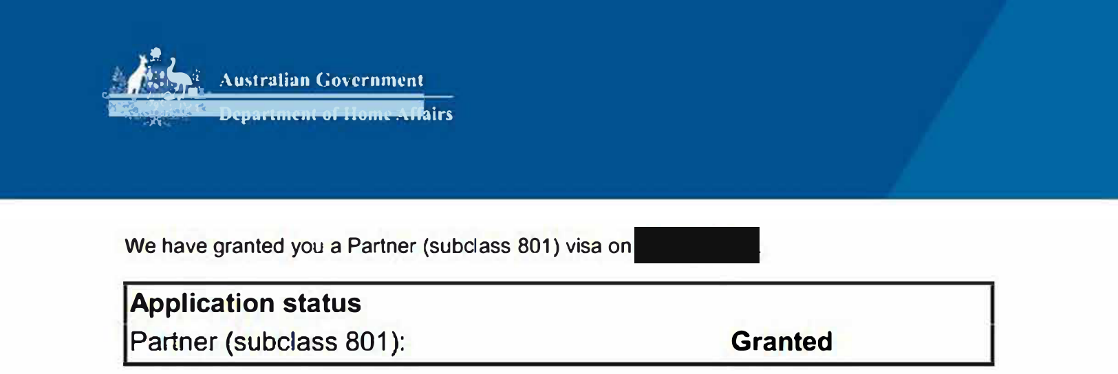 Department of Home Affairs notice confirming a Partner (subclass 801) visa was granted, with identifying details removed.